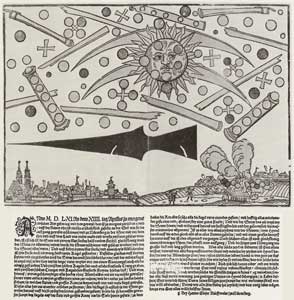 Hans Glaser: Phenomenon in the sky at Nuremberg on April 14, 1561. Woodcarving, 30.5 x 33 cm. 
