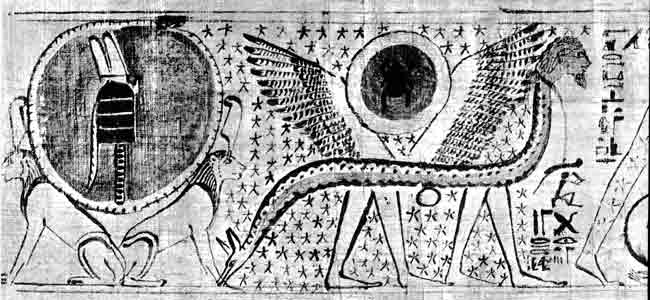 A Snake with legs and wings carries the sun disk. Papyrus (n/a, Egyptian Mythology, London: Paul Hamlyn, 1965, p. 26)..