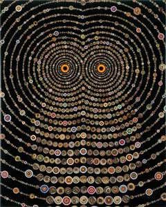Fred Tomaselli, “Study for Night Music for Raptors”, collage and resin on panel.